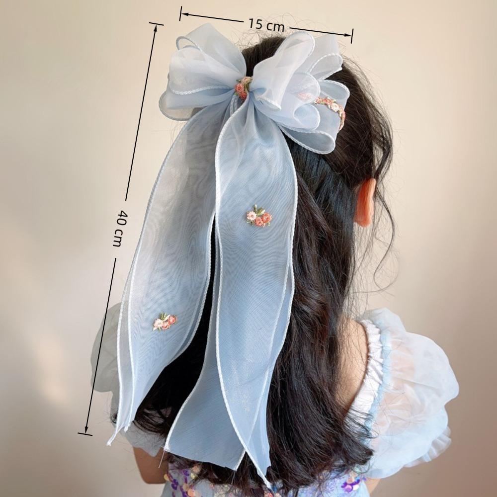 Fashion Embroidered Floreal Braided Hairpin Solid Color Bowknot Ponytail Headdress Chiffon Big Ponytail Clip Women