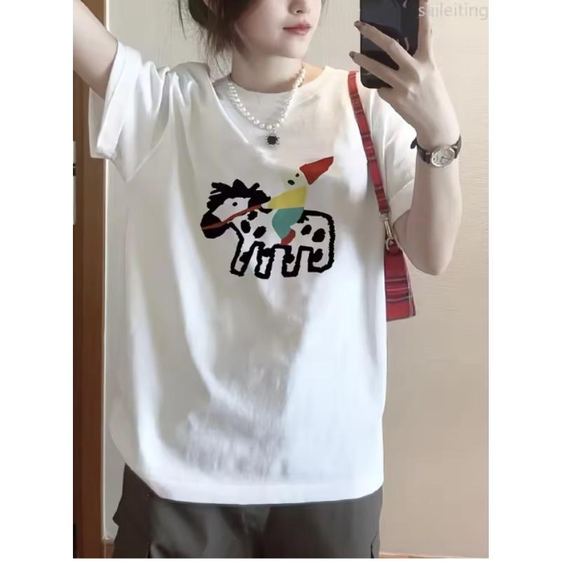

WomenS Y2K Style Plus Size TShirt Fashion Fit Crew Neck Short Sleeve Cartoon Print Summer Short Sleeved Harajuku Streetwear S