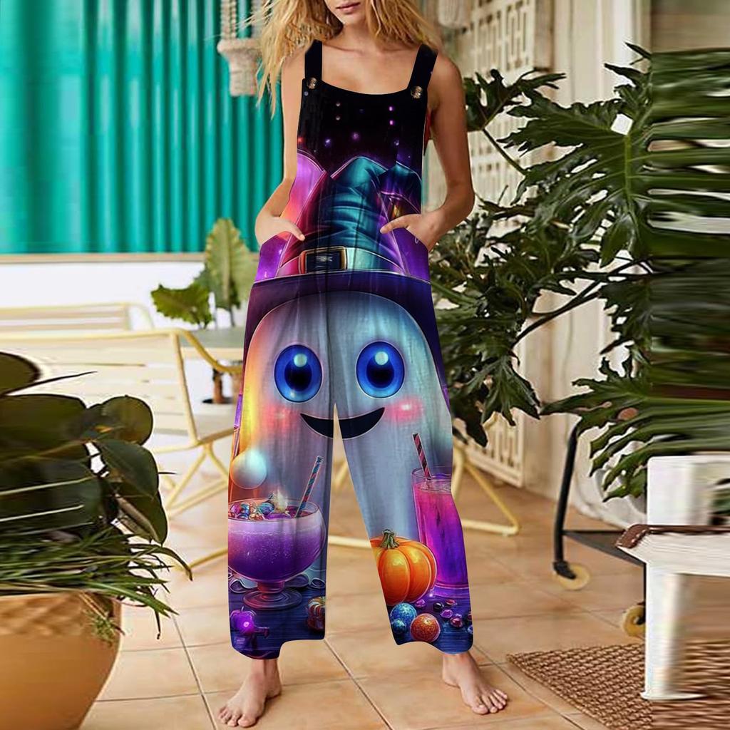 Women's Casual Halloween Printed Jumpsuit Sleeveless Printed Cotton Jumpsuit