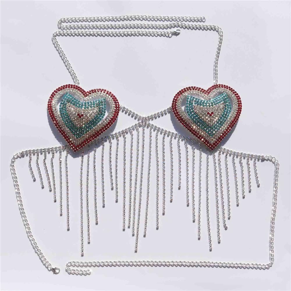 European And American Fashion Sexy Mixed Color Fringed Love Bra Body Chain Night Club Rhinestone Body Rhinestone Chest Chain Women