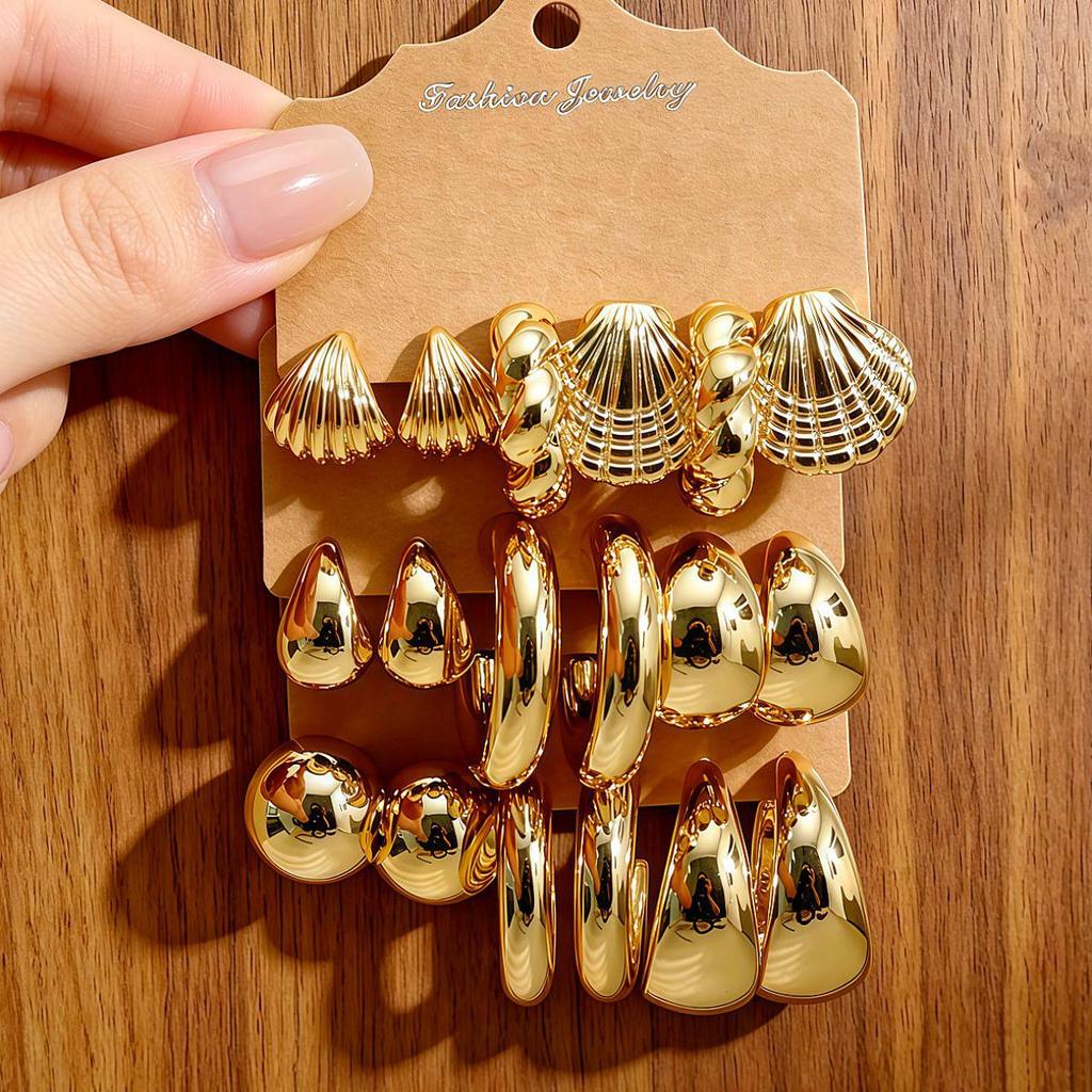 European and American Fashion C-shaped Twist and Water Drop Earrings, 3-Piece Geometric Set for Women.