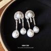 Silver needle exaggerated diamond-set geometric round pearl earrings exquisite simple fashion stud earrings niche high-end earrings