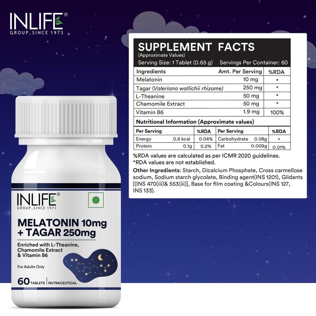 INLIFE Melatonin 10mg Sleep Supplement with Tagar 250mg, 60 Tablets