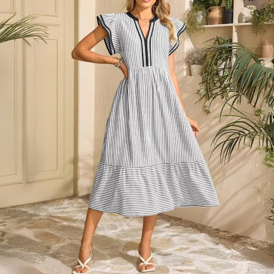 Abito Midi a Strisce da Donna Manica a Sbuffo a Cappuccio Scollo a V Svasato Lungo Abito Estivo per Vacanze al Mare Abito a Sbuffo Fluttuante