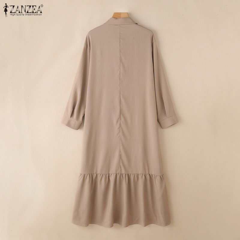 ZANZEA Women Casual Turn Down Collar Solid Color Long Sleeve Dress