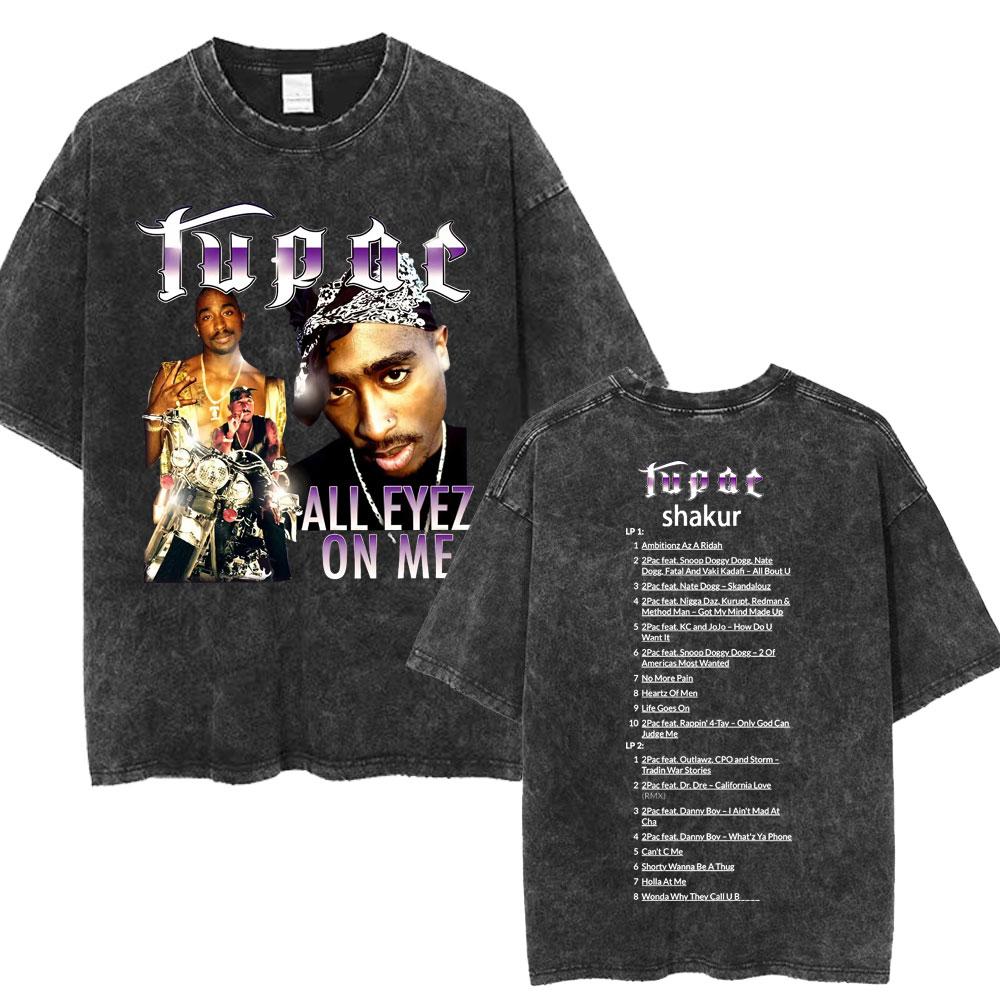 Rapper Tupac 2pac All Eyez On Me Cross Vintage Washed T Shirt Men Hip Hop Fashion Retro Tshirt Mens Casual Oversized Tshirts