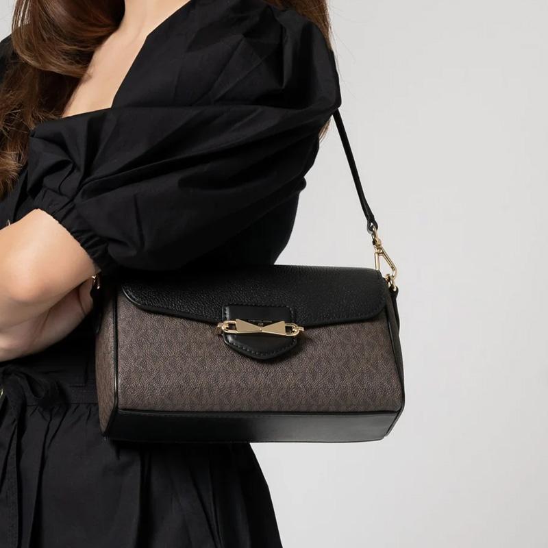 New MICHAEL KORS Fleur Cow Leather Baguette Bag Shoulder Bag Small Women's Dark Brown & Black 32F3G6FC1B-292