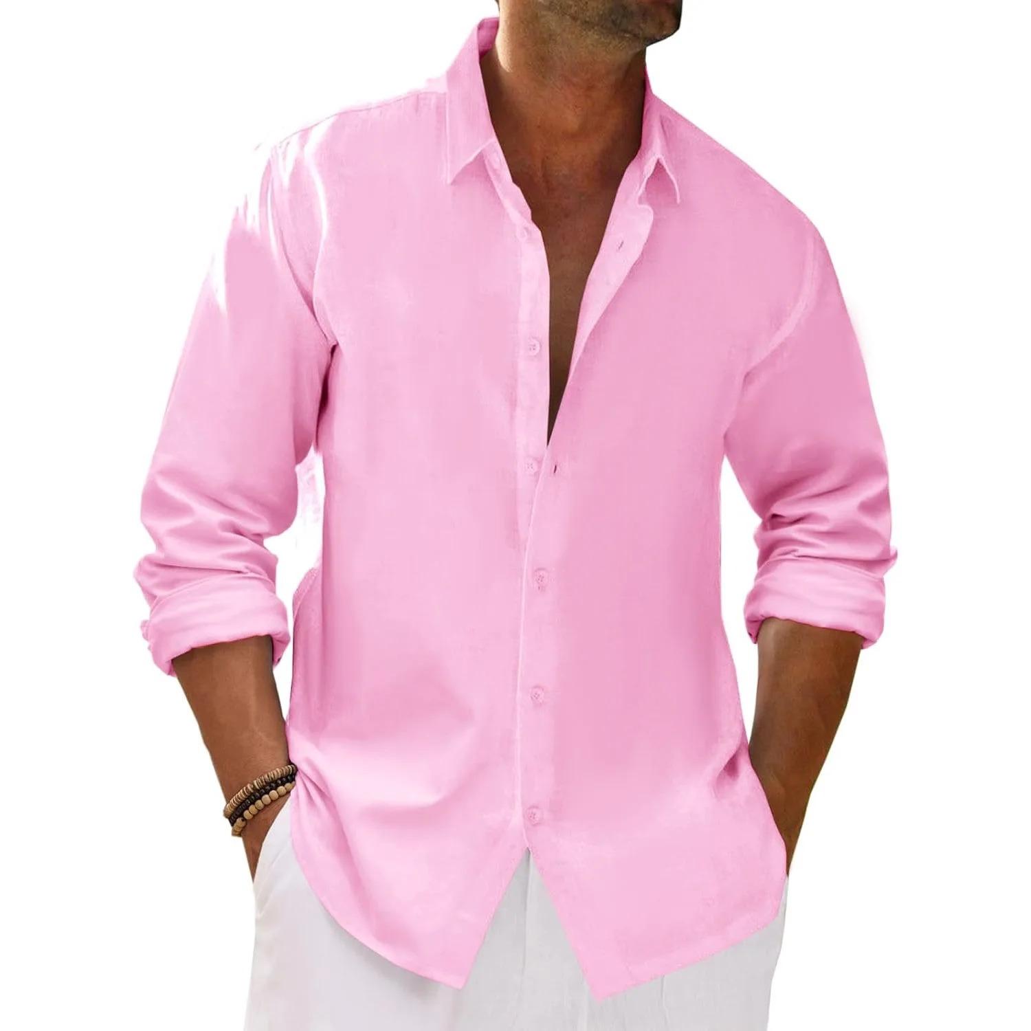 

Men s Spring Summer Long Sleeve Shirts Cotton Linen Causal Loose Fit Solid Color Dailywear Lapel Collar Single Breasted Tops XXXL розовый
