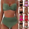 Women's Swimsuit Solid Color Pleated High Waist Sexy Bikini Tankini Beach Wear