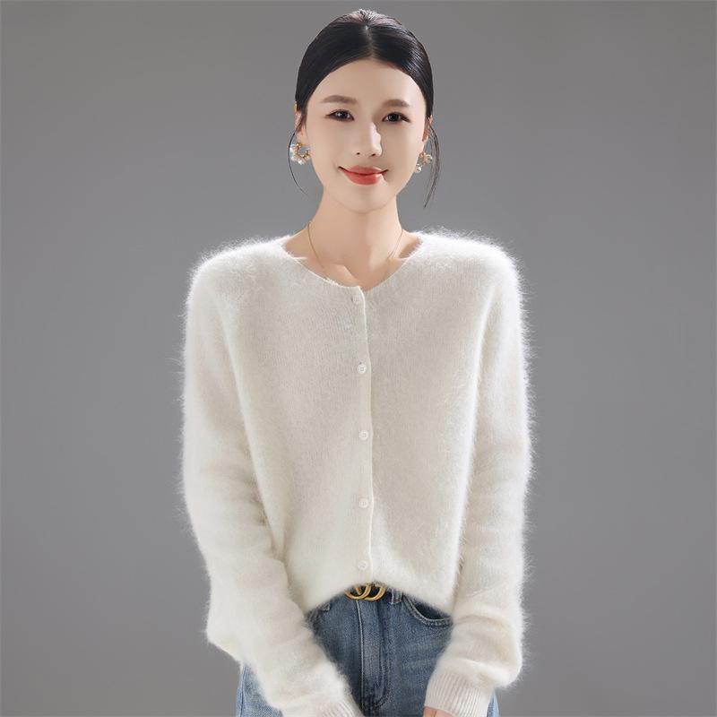 New Brushed Crew Neck Cardigan Solid Color Knitted Wool Sweater Women'S Brushed Jacket Loose Versatile Knitted Sweater