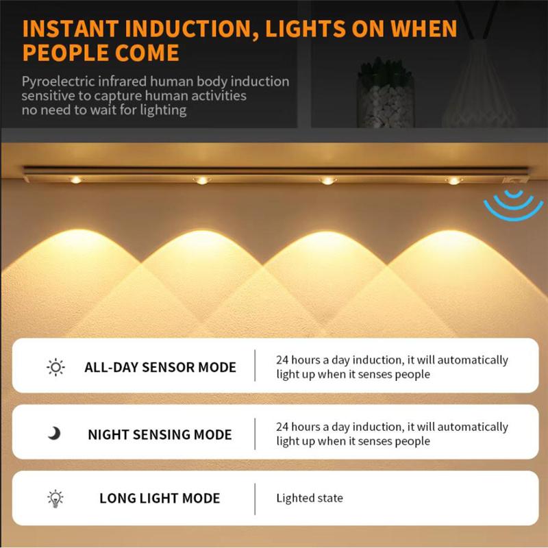 Ultradünnes wiederaufladbares Bewegungssensor-Unterbaulicht USB-LED-Licht Küchenschrank Schlafzimmer Kleiderschrank Innenlichtleiste