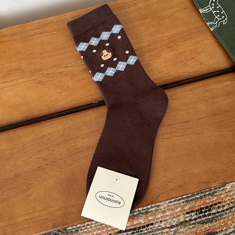 Women's Spring, Autumn and Winter Blue Coffee Mid-calf Socks Embroidered Puppy Warm Fleece Pile Socks