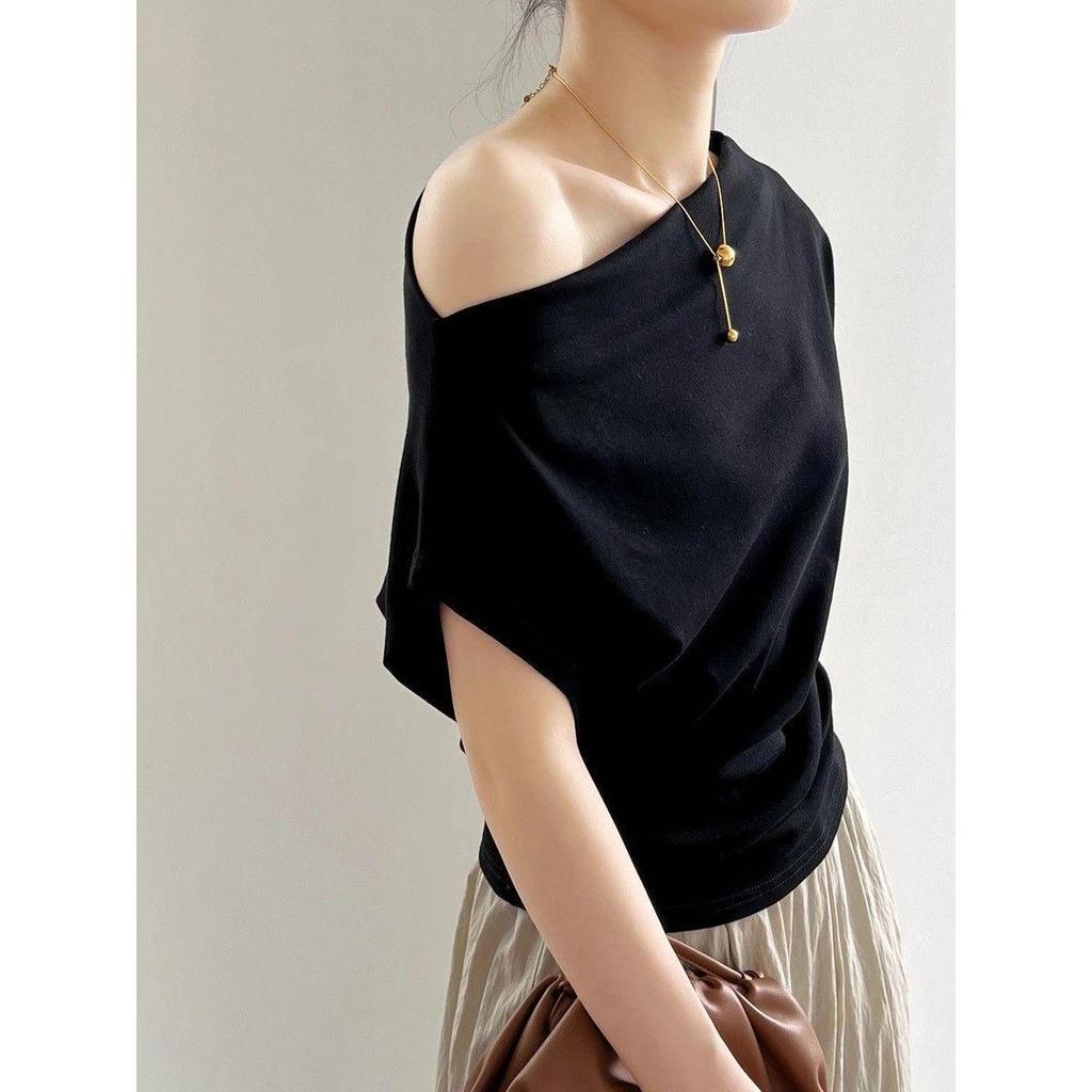 Damen Sommer Asymmetrisches Off-Shoulder Wasserfallkragen Modals Baumwoll T-Shirt