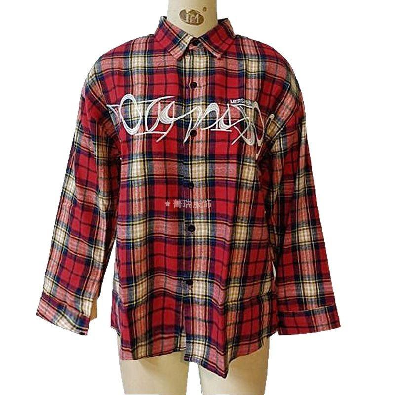 Women's New Spring Plaid Lapel Letters Applique Embroidery Commuter Long-sleeved Shirt
