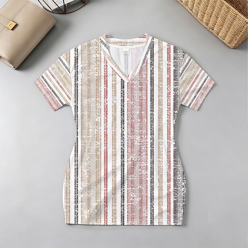 Women's Striped V-Neck Short Sleeve Dress Slim Fit, Comfortable Beach Casual, Versatile for Vacation, Work & Daily Wear