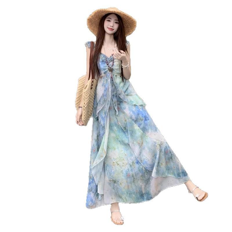 Seaside Vacation Style Printed Small Flying Sleeves Suspender Dress Women's 2026 Summer New Waist Irregular Fairy Dress