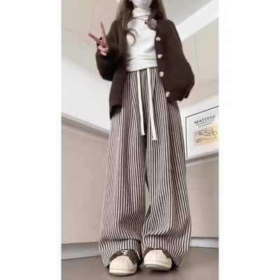Pantaloni Lunghi Casual a Strisce Verticali Bianche e Nere Piccole da Donna per Autunno e Inverno Nuovi Pantaloni a Gamba Larga Pigri Cadenti a Vita Alta