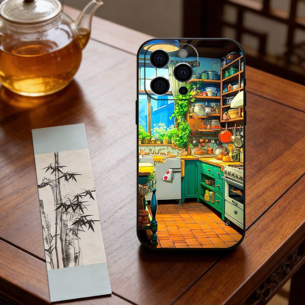 Cute anime kitchen pattern Phone Case For iPhone 17,16,15,14,13,12,11 Plus,Pro Max,XS,Soft Silicone Black Cover