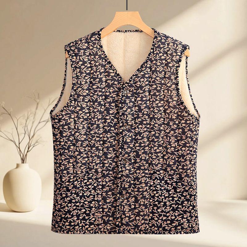 Květinová fleecem podšitá teplá vesta pro ženy středního a staršího věku