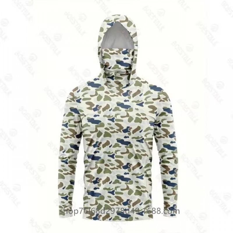 Mens Quick-Dry Ice Silk Long Sleeve UPF 50 Sun Protection Hooded Fishing Shirt With Integrated Face Cover