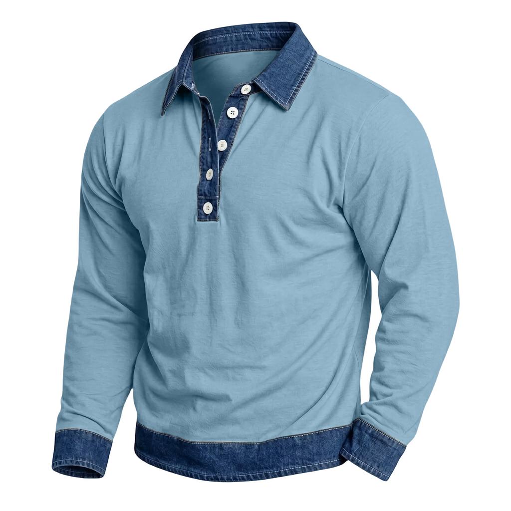 Herren Casual Patchwork Denim Langarmhemd mit Kragen
