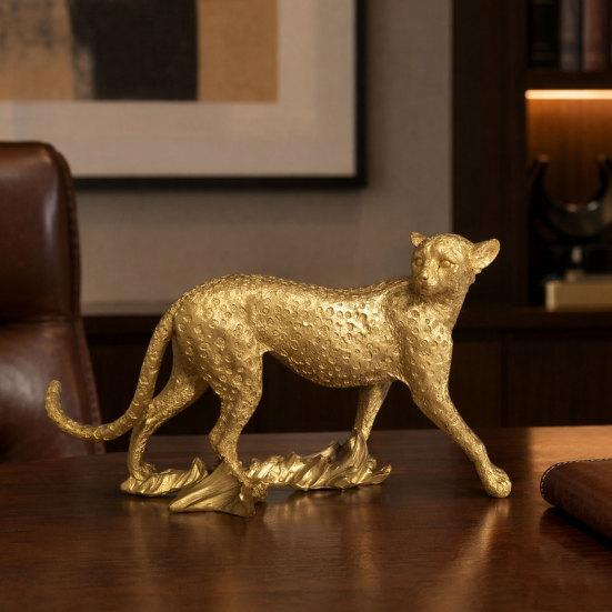 Figurine d'Animal en Résine Modèle Léopard Doré, Statue Vivante, Posture Accroupie ou Courante, Ornement de Haute Qualité pour Meuble TV, Entrée, Bureau, Pendaison de crémaillère,