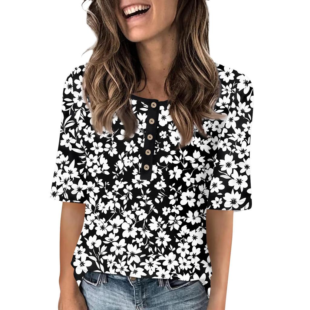Shirts For Women Trendy Round Neck Button T Shirts Printed  Blouse Half Sleeve Tops For Women