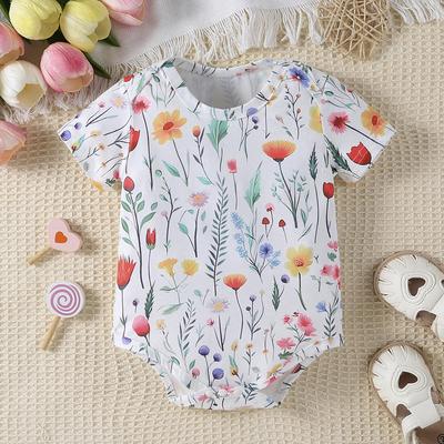 Infant Baby Girl Flower Full Print Bodysuit Casual Short Sleeve Onesie