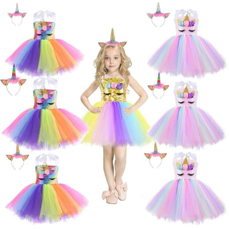 Unicorn Cosplay Girls Dress With Rainbow Pattern For Halloween Party