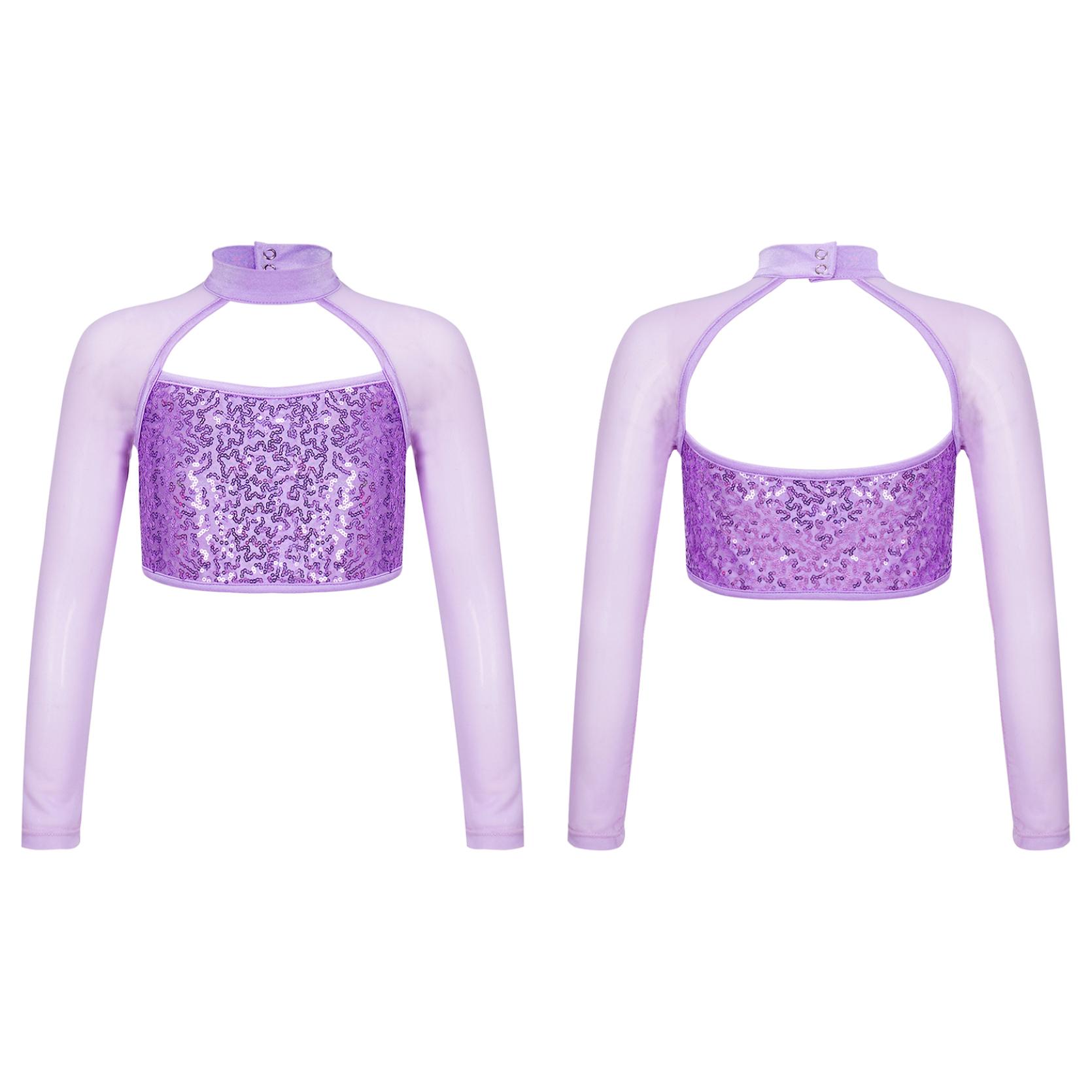

Детские укороченные топы с блестящими пайетками и длинными рукавами для девочек с вырезом сзади и круглым вырезом для танцев на сцене 5-6 Years фиолетовый