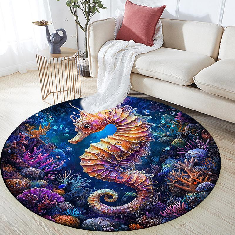 Seahorse Round Area Rug,Carpet Rug for Living Room Bedroom Sofa Playroom Decor,Non-slip Floor Mat