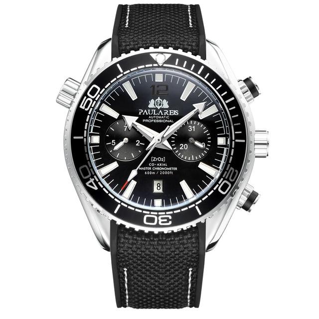 PAULAREIS Masculino Automático Auto Vento Mecânico Pulseira de Borracha de Lona Laranja Azul Vermelho Multifuncional Data Mês Relógio