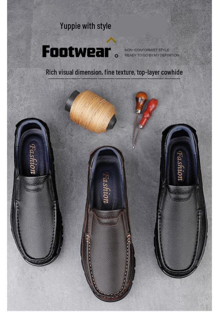 Men's Large-Size Leather Slip-On Shoes, Soft Sole, British Style, Casual Business Shoes for Middle-Aged and Elderly.