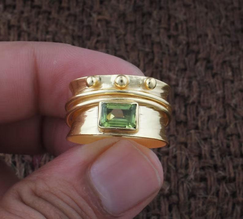 Peridot Gemstone Ring, Yellow Gold Ring, Handmade Ring, Unisex Ring, Boho Ring, Statement Ring, 925 Sterling Silver