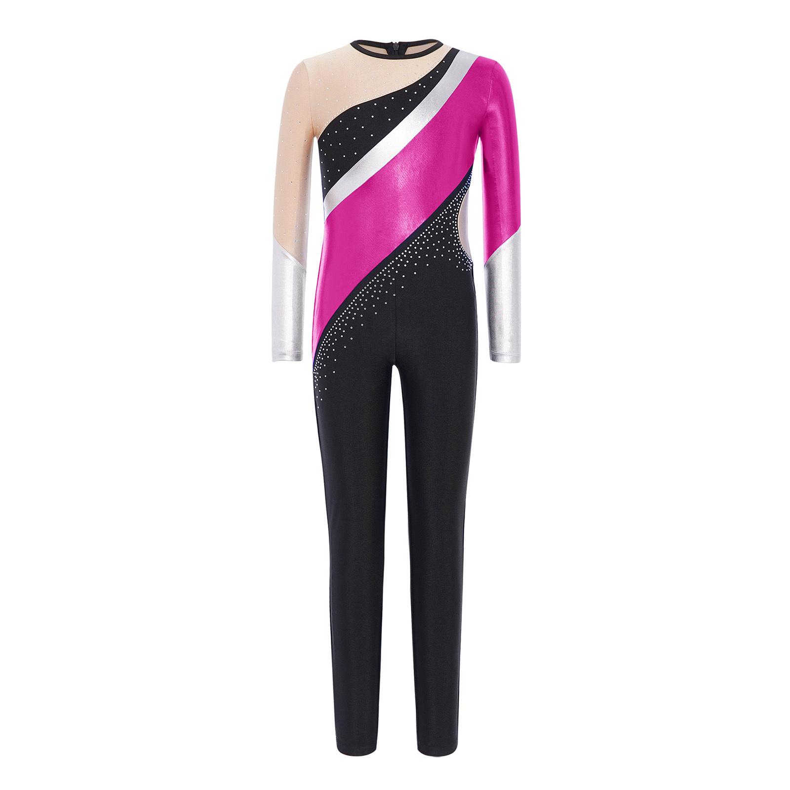 

Дитячий гімнастичний комбінезон Металізований Кольоровий Блок Дизайн Круглий Виріз Довгий Рукав Задня Невидима Блискавка Боді 9-10 Years