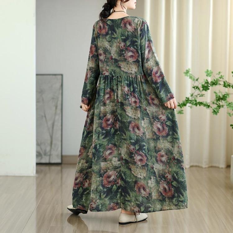 New Vintage Floral Maxi Dress Women Plus Size Oversize Long Sleeve Loose Basic Spring Long Dress