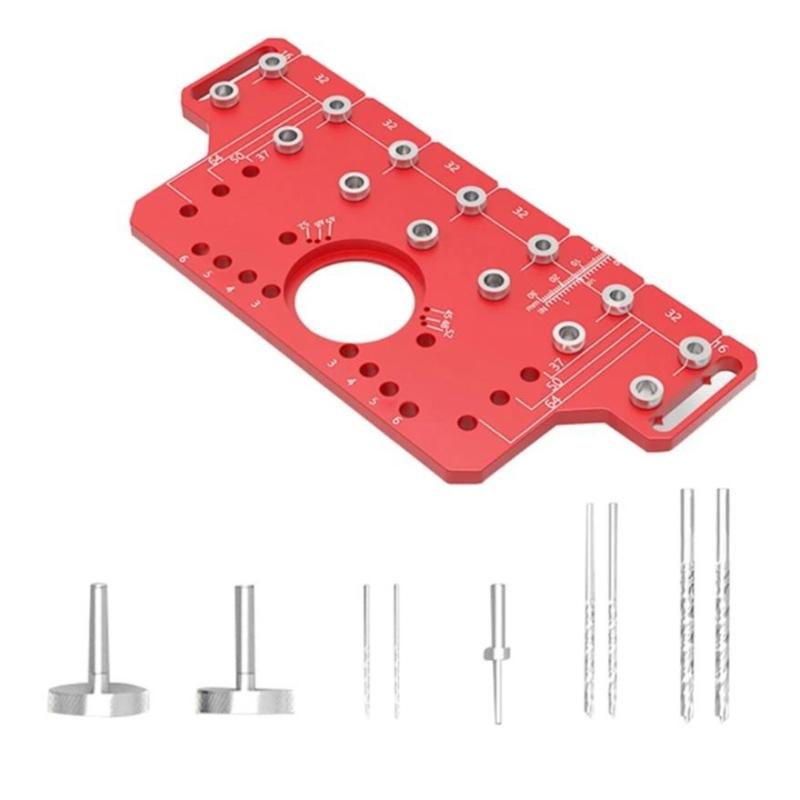 Cabinet Hole Drilling Guide with Aluminum Plate, Guide Bushings and Metal Parts for Shelf Pin Layout and Furniture Assembly Work Tasks