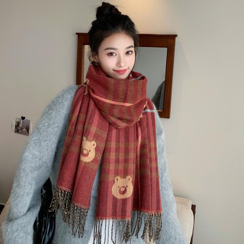 Women Autumn Winter Knitted Scarf Headscarf Lady Men Retro Plaid Print Tassel Scarve Foulard Wrap Shawl Casual Fashion Korean