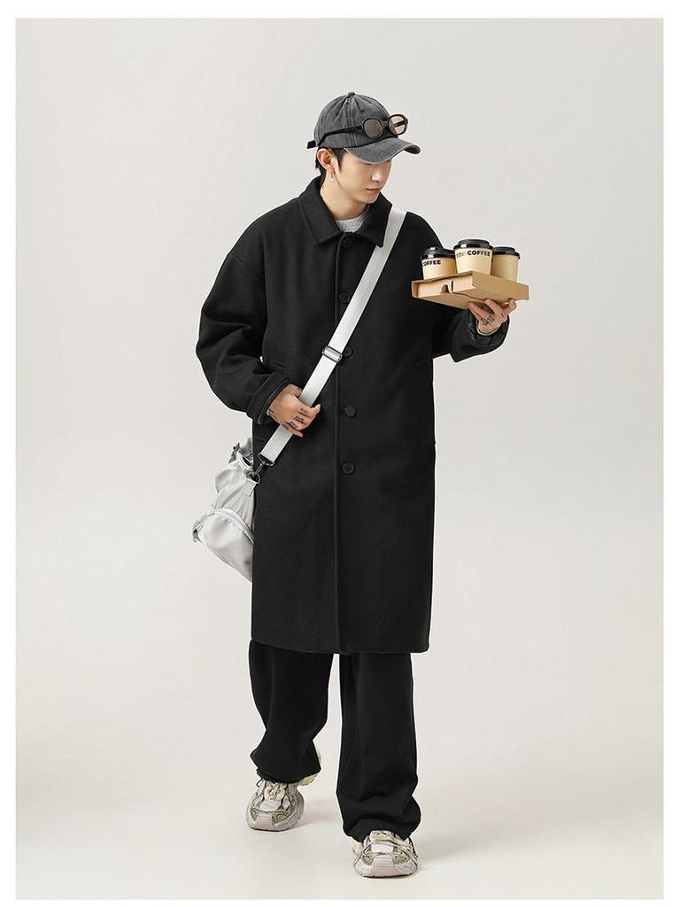 Men's Mid-Length Windproof Woolen Coat - Autumn/Winter, Japanese Style, Loose Fit, Thickened Lapel Jacket