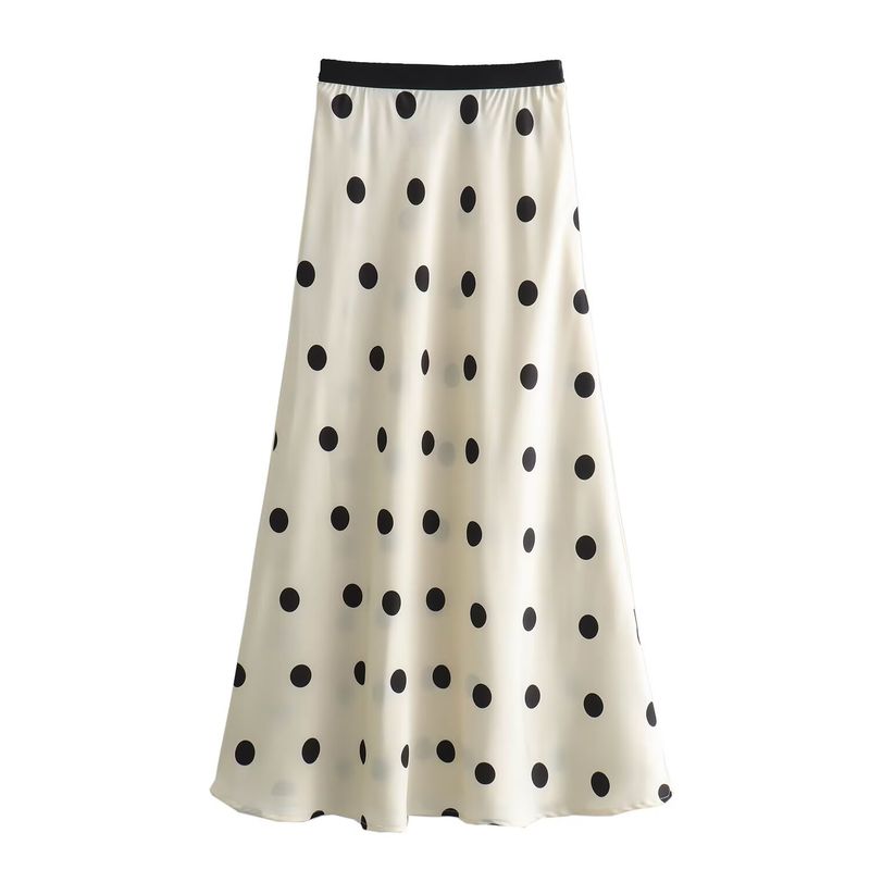 Kaslead New Arrival Women's Fashion Style Fashion Polka Dot Elastic Waist Long Satin Skirt