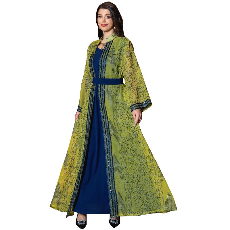 AB333 Elegant Middle Eastern Two-Piece Robe Set with Belt - Dubai Long Cardigan Dress