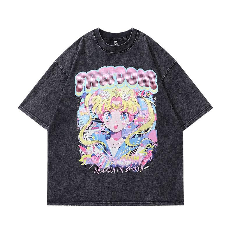 European And American High Street Abstract High Definition Printing Heavy Old Short Sleeve T-Shirt Men And Women Retro Washing Water Half Sleeve Base