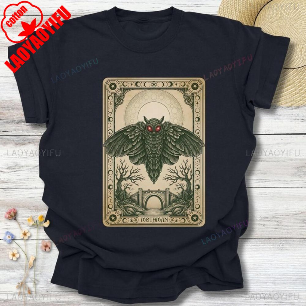 Mothman Tarot Tshirt Cryptid Graphic Tee Mythical Creature Paranormal Clothing Occult Fashion Mens Daily Life Cotton Tshirt