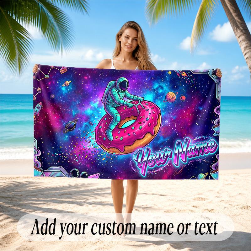 Astronaut Space Theme Quick Dry Beach Towel Custom Name Text Print Large Sand Resistant Towel Beach Vacation