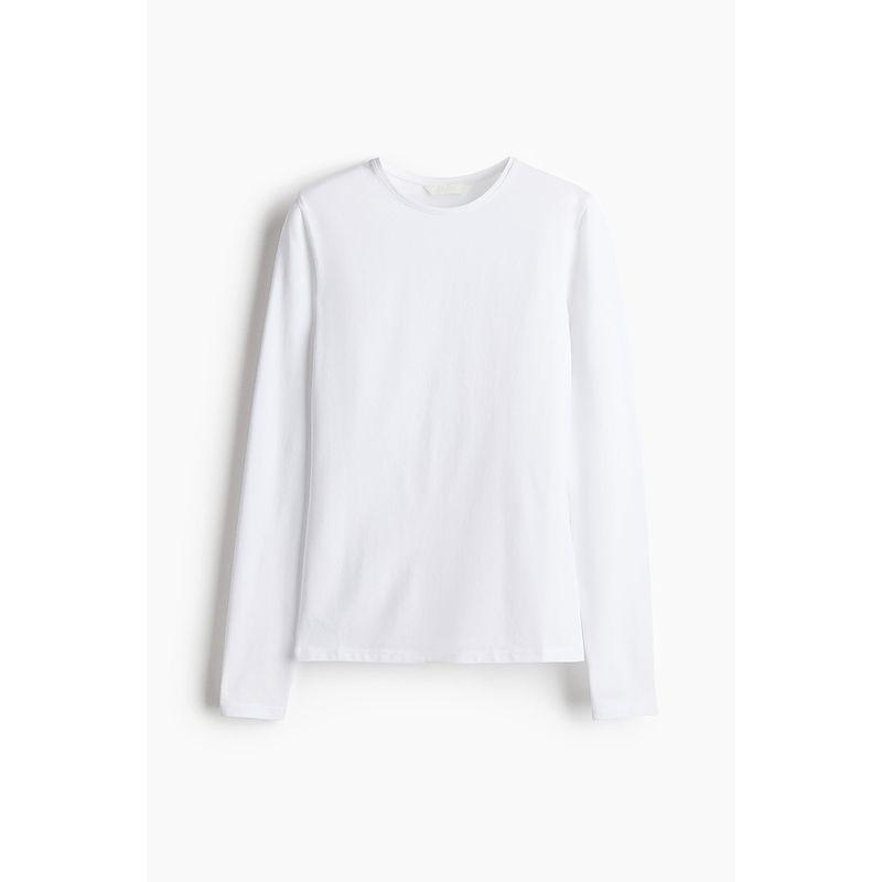 

HM Women s T-shirt 2025 Autumn New Fashion Casual Fitted Cotton Base Long Sleeve round Neck Top 1264835 White 160/88