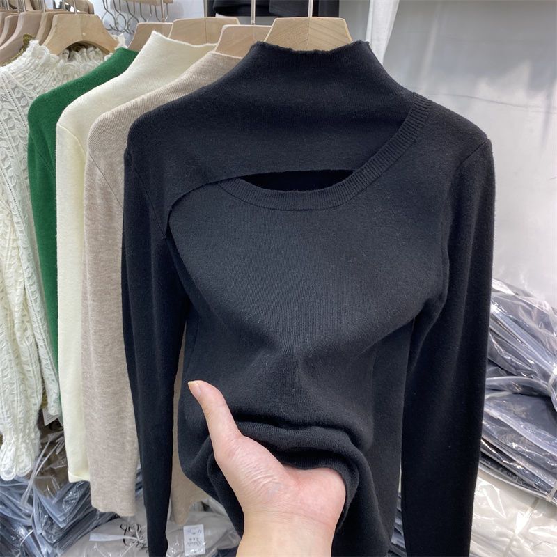 Fashion Hollow Out Half High Neck Knit Women's Long Sleeve Top Slim Fit Sweater
