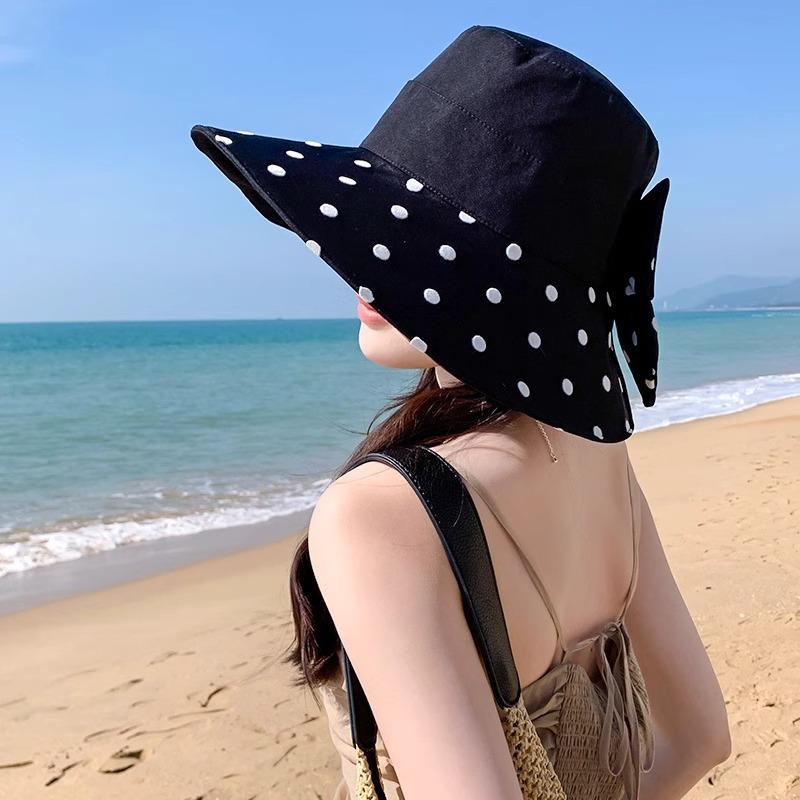 Women's Spring and Summer Elegant and Versatile Large Brimmed Sun Hat Korean Version Polka Dot Bow Fisherman Hat Foldable Outing Basin Hat