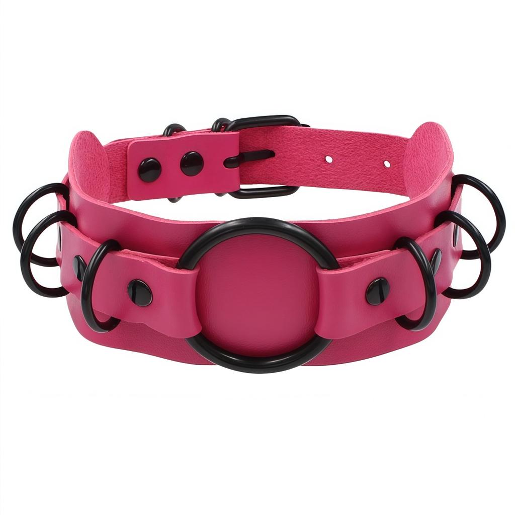 Dark Black PU Leather Punk Choker Gothic Ring Collarbone Necklace Exaggerated Fashion Accessory for Women