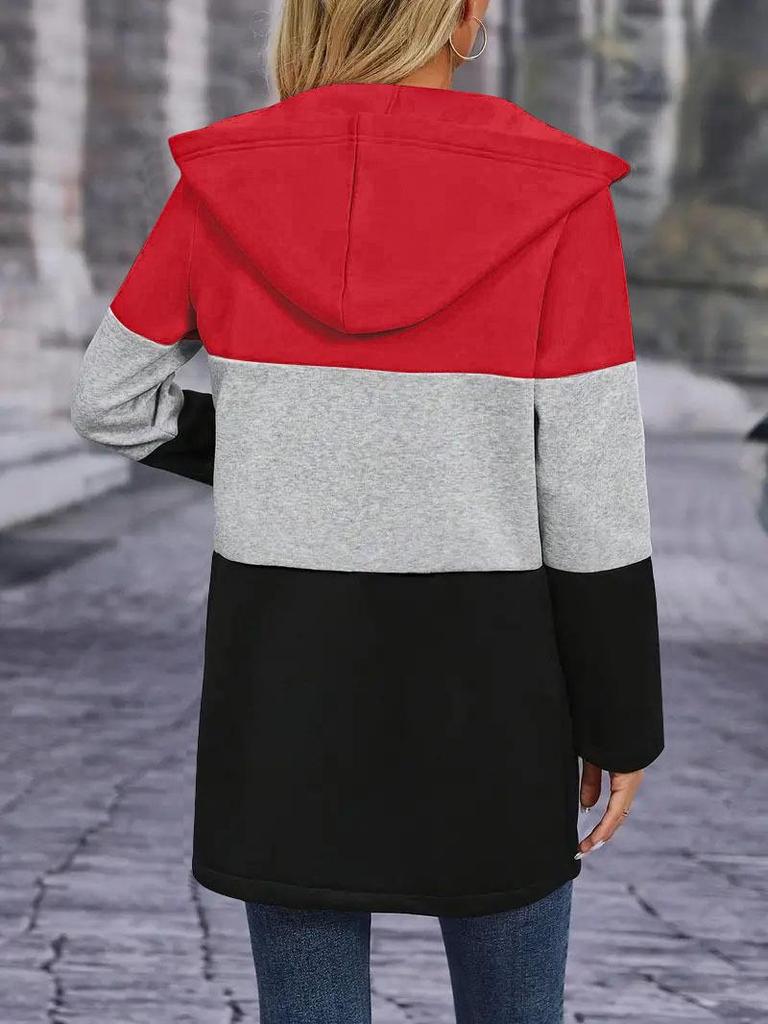 Women's Casual Color Block Hooded Jacket with Three-Color Splicing for Autumn/Winter