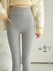 High Waist Warm Fleece-Lined Leggings - Vertical Stripe, Matte, Slimming Cotton for Autumn/Winter